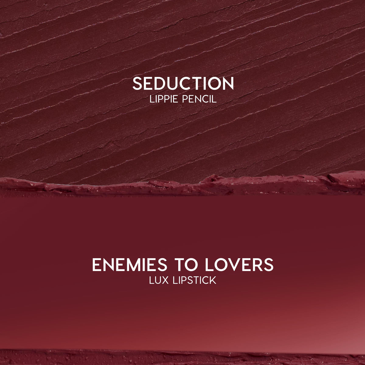 Swatch duo showcases Slow Burn: ColourPop Lux Lipstick shade Enemies to Lovers, a smooth deep burgundy smear on the bottom, paired with Seduction Lippie Pencil’s textured wine‑red stroke above, on a clean studio background.