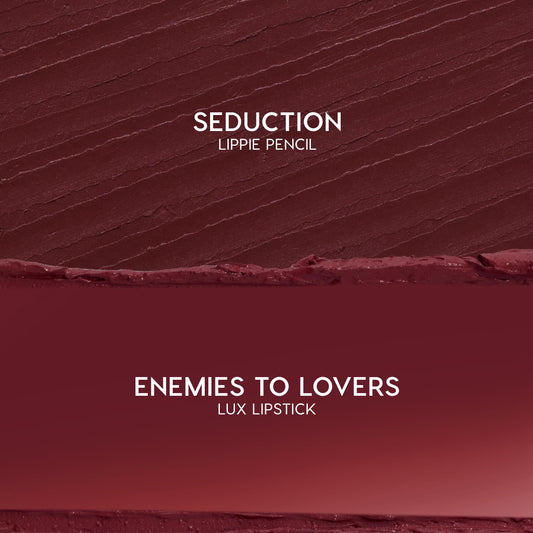Swatch duo showcases Slow Burn: ColourPop Lux Lipstick shade Enemies to Lovers, a smooth deep burgundy smear on the bottom, paired with Seduction Lippie Pencil’s textured wine‑red stroke above, on a clean studio background.
