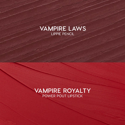 ColourPop Power Pout Lipstick swatch in Vampire Royalty sweeps in velvety red strokes, shown with the matching Vampire Laws Lippie Pencil swatch above as the You Can't Trust Vampires kit, highlighting bold, creamy color payoff.