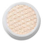 ColourPop Ladybird Super Shock Shadow glistening in a close-up, champagne beige ultra-glitter formula pressed with a scalloped cushion texture and packed in a round white pot, catching light for a high-shine metallic finish on a clean studio background.