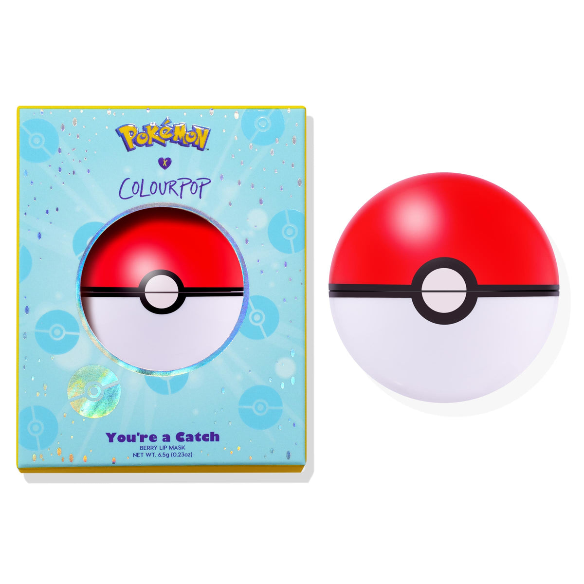 Poké Ball–shaped You're a Catch ColourPop Lip Mask shown beside its blue Pokémon x ColourPop box, labeled Berry Lip Mask 6.5 g (0.23 oz); red-and-white sphere jar with black center band on a white background.