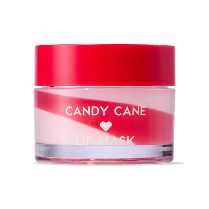 Candy Cane Lip Mask jar sits front-facing with white lettering and heart, glossy red lid, and pink-red candy cane swirl lip mask inside on a white studio background; holiday lip care for soft lips, ColourPop.