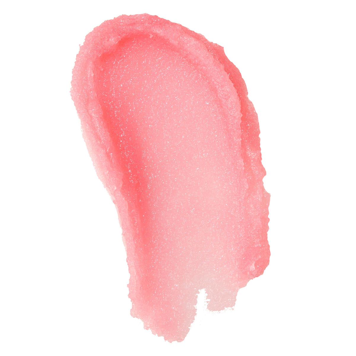 Strawberry Milk lip scrub swatch spreads in a curved stroke, showcasing a pastel pink sugar-crystal texture with a soft glossy finish on a white background, highlighting the creamy exfoliating formula of the ColourPop Lip Scrub.