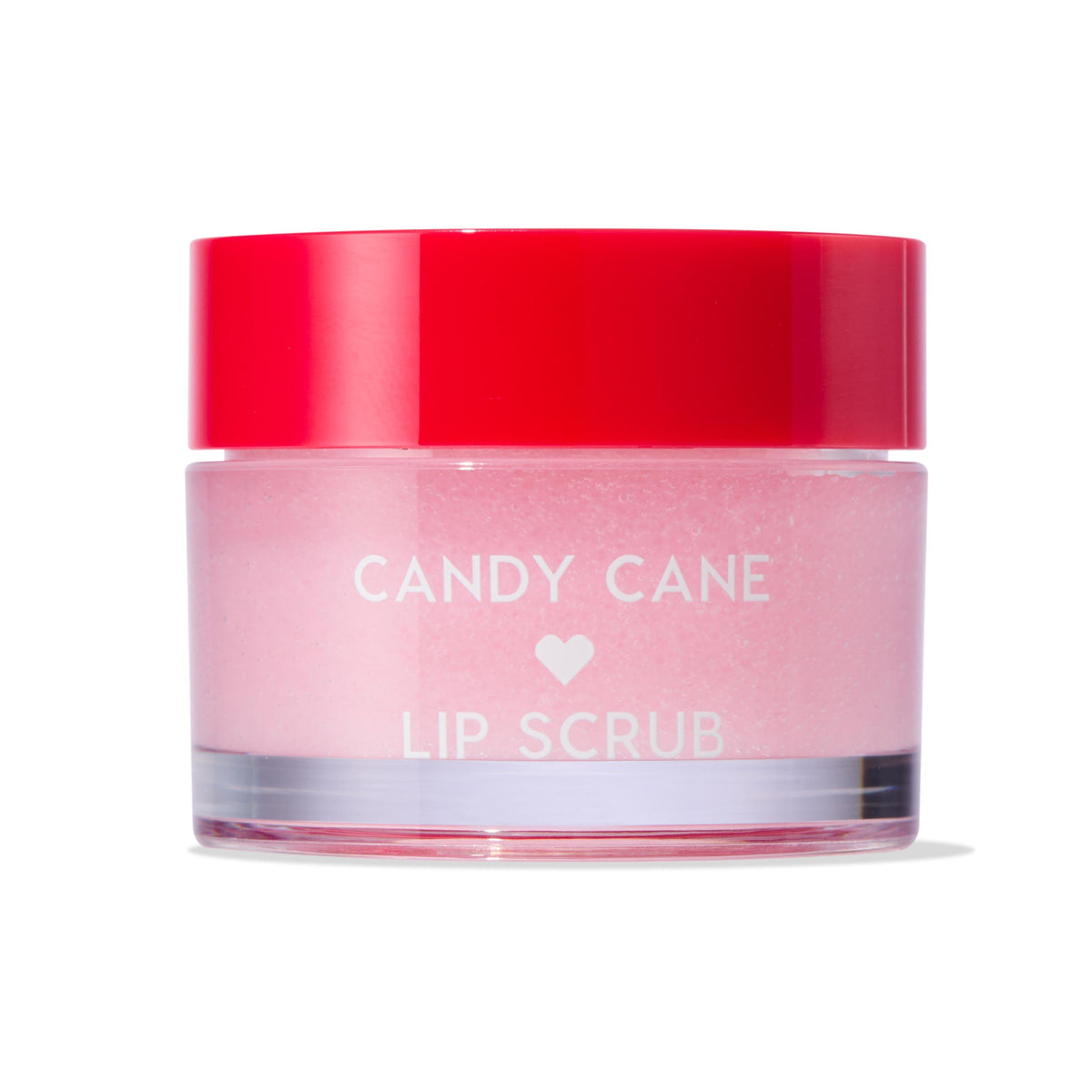 Colourpop Candy Cane lip scrub displayed in a clear round jar with a glossy red screw-top lid, pale pink exfoliating sugar scrub visible and a white 'CANDY CANE' label with a heart, studio shot on a white background.
