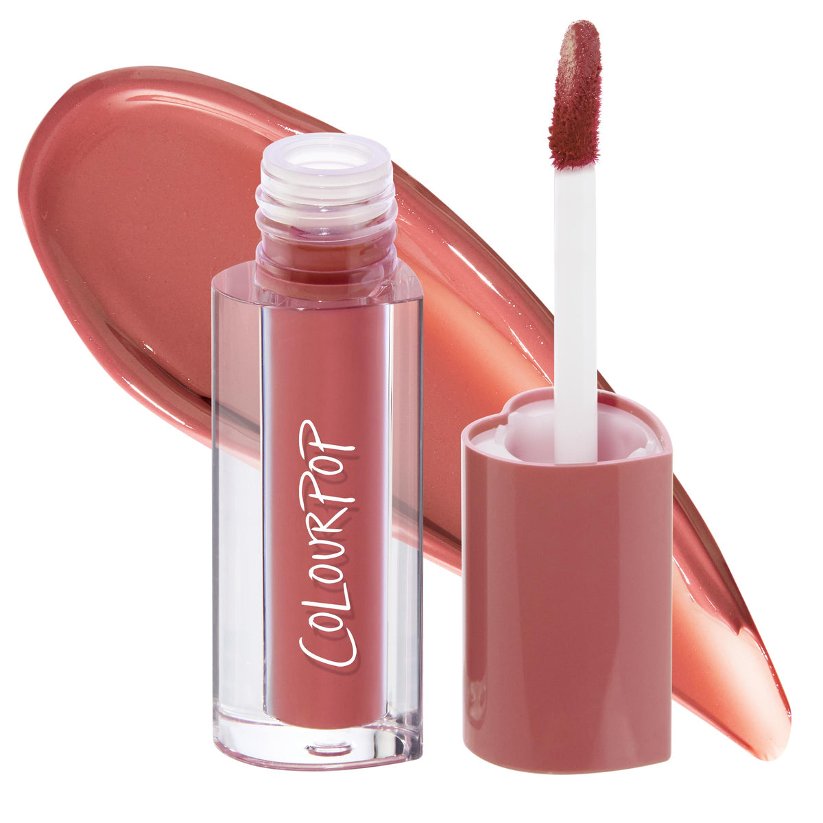 Baby Fox ColourPop Lip Stain shown with cap off and doe-foot applicator, a clear tube with blush-pink cap and white logo, posed in front of a broad glossy swatch that displays the warm rosy terracotta shade on a white background.