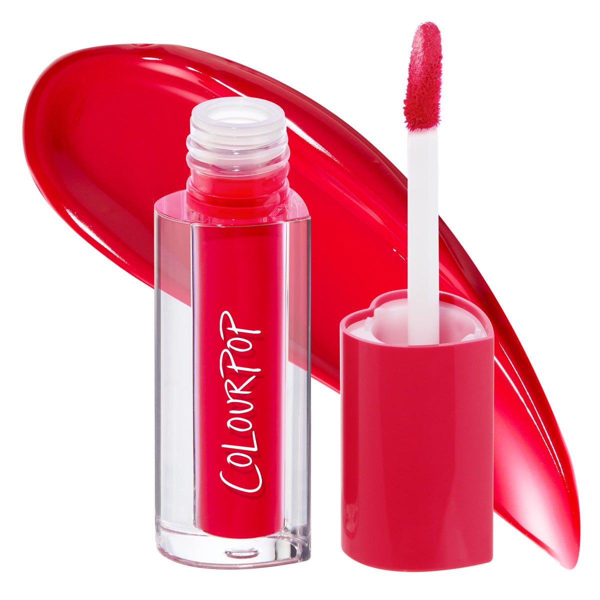 ColourPop Lip Stain in Fruit Punch, a vibrant punchy red, shown uncapped with clear tube and ColourPop logo, doe-foot applicator upright, and a glossy swatch swept behind on a white background.
