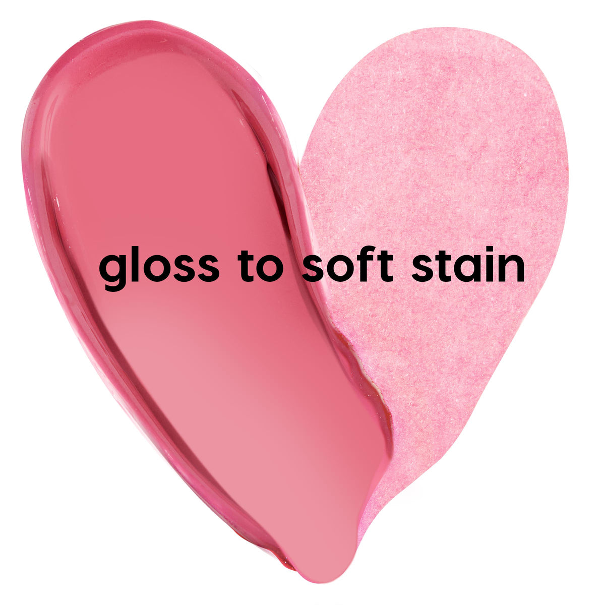 Mantra ColourPop Lip Stain swatch forms a heart, demonstrating finish options: left side a high-shine rosy pink gloss labeled “gloss it,” right side a soft pink stain labeled “stain it,” set on a clean white background.