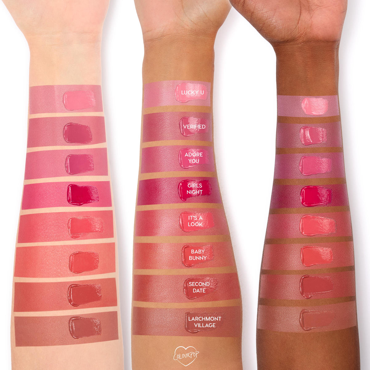 ColourPop Lip and Cheek Balm in Verified swatched on light, medium, and deep arms alongside shades Lucky U, Adore You, Girls Night, It’s a Look, Baby Bunny, Second Date, and Larchmont Village; glossy rectangles show color payoff and undertones.