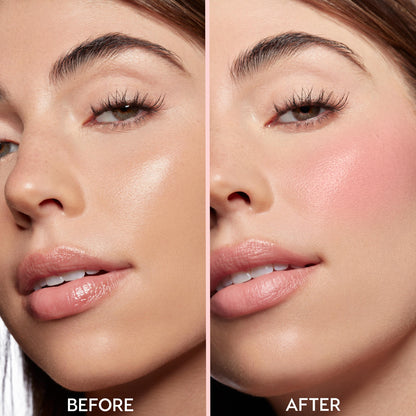 Lucky U ColourPop Lip and Cheek Balm adds a dewy pink flush to cheeks and a soft sheen to lips, shown in a split-screen before-and-after close-up: left bare skin, right natural, buildable rosy color and glow.
