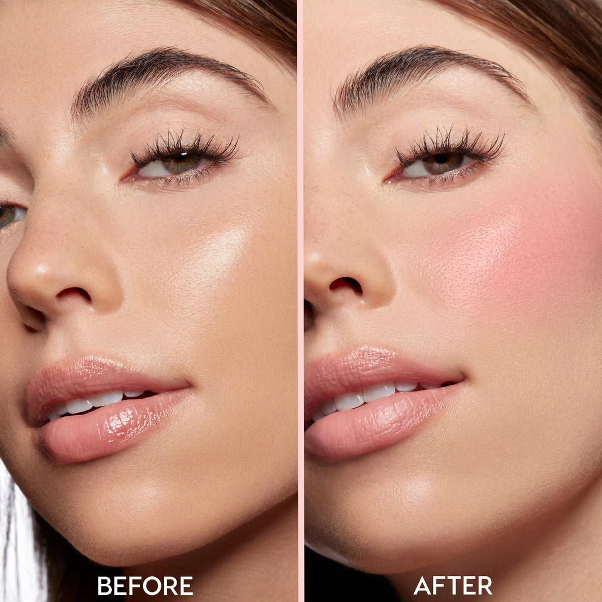 Close-up cheek and lips show a side-by-side before-and-after; the after reveals a rosy, dewy flush from ColourPop Lip and Cheek Balm in Second Date, delivering buildable pink color on cheeks and a soft lip tint under studio lighting.