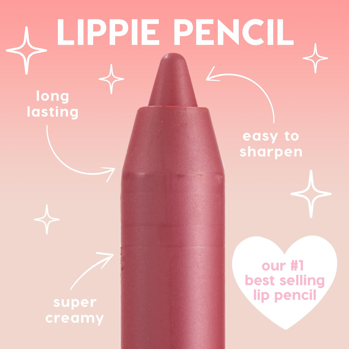 Ashton ColourPop Lippie Pencil stands upright, showcasing a creamy mauve tip on a pink gradient background with callouts for long-lasting wear, easy to sharpen, and super creamy formula - our #1 best-selling lip pencil.