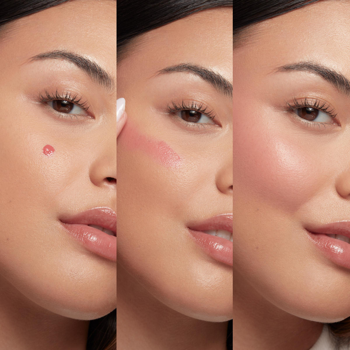 Three-panel close-up shows a model's cheek applying ColourPop Liquid Blush in She's Cute: a rosy dot, fingertip blending, and a seamless dewy pink glow, demonstrating easy, buildable liquid blush application on smooth skin.