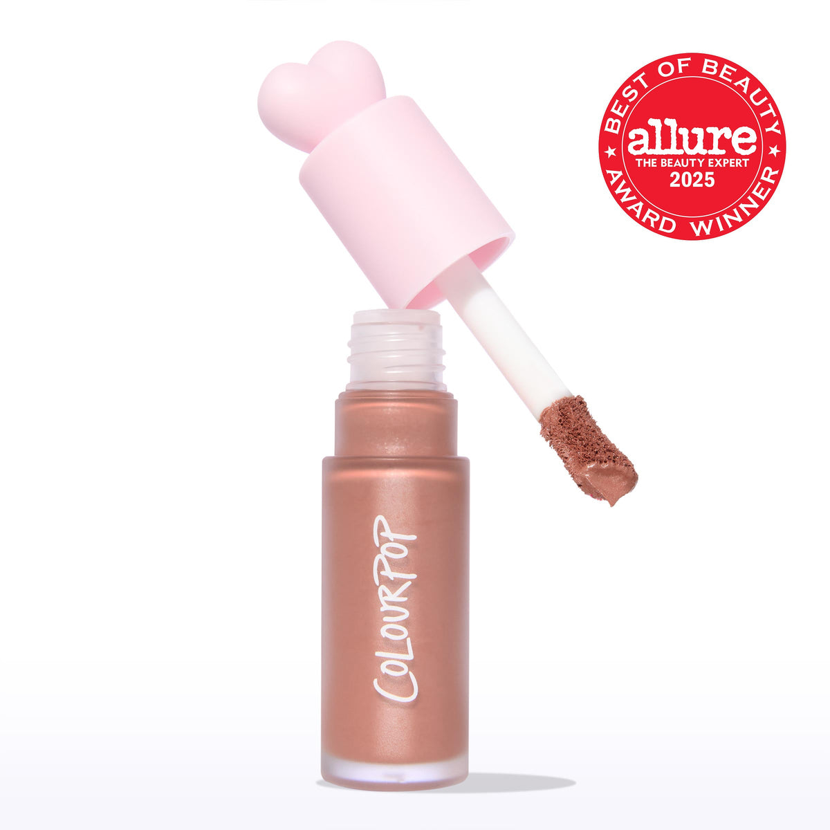 ColourPop Liquid Blush in City Walk - doe-foot wand lifting from a frosted bottle with a pink heart cap, creamy neutral rose pigment on the applicator - on a white background with an Allure Best of Beauty 2025 award badge.