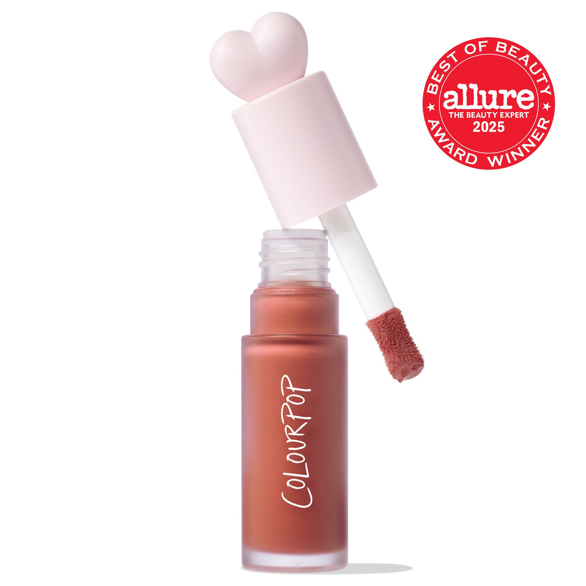 ColourPop Liquid Blush in Culver City, a rosy terracotta shade, shown with cap off and doe-foot applicator under a pink heart-shaped lid, in a frosted bottle on white, with a 2025 Allure Best of Beauty award badge.
