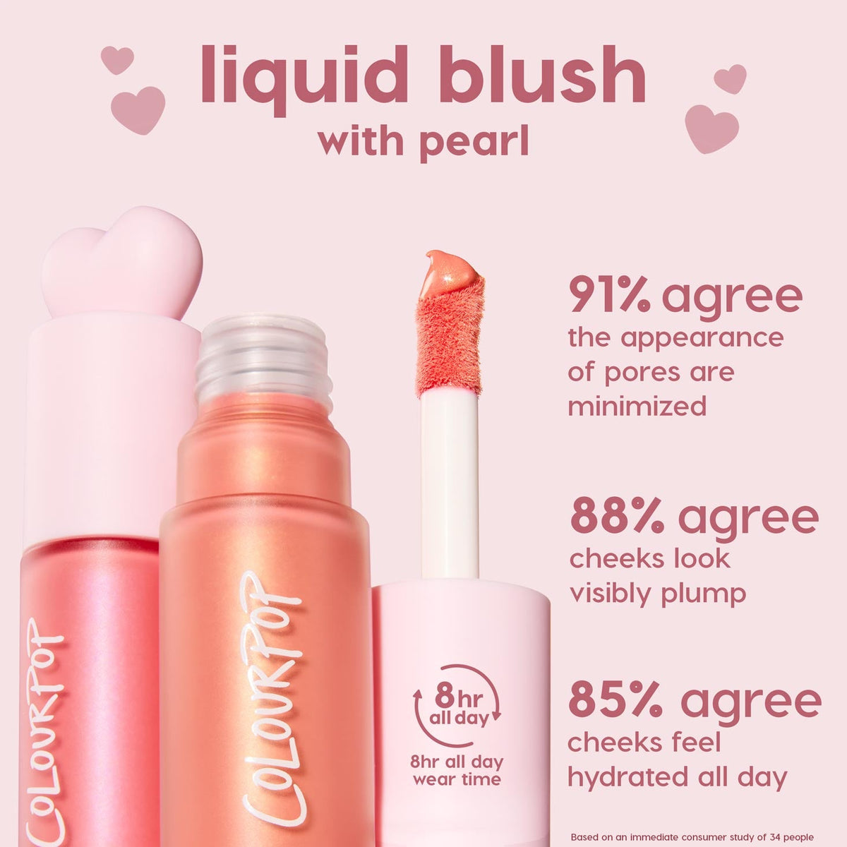 ColourPop Liquid Blush City Walk with pearl displayed in pink gradient tubes and an open doe‑foot applicator showing a peachy coral shimmer, set on a pink backdrop highlighting 8‑hour wear, minimized pores, plump cheeks, and all‑day hydration.