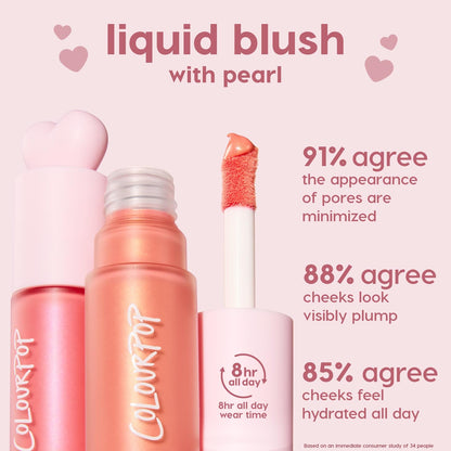 ColourPop Liquid Blush City Walk with pearl displayed in pink gradient tubes and an open doe‑foot applicator showing a peachy coral shimmer, set on a pink backdrop highlighting 8‑hour wear, minimized pores, plump cheeks, and all‑day hydration.