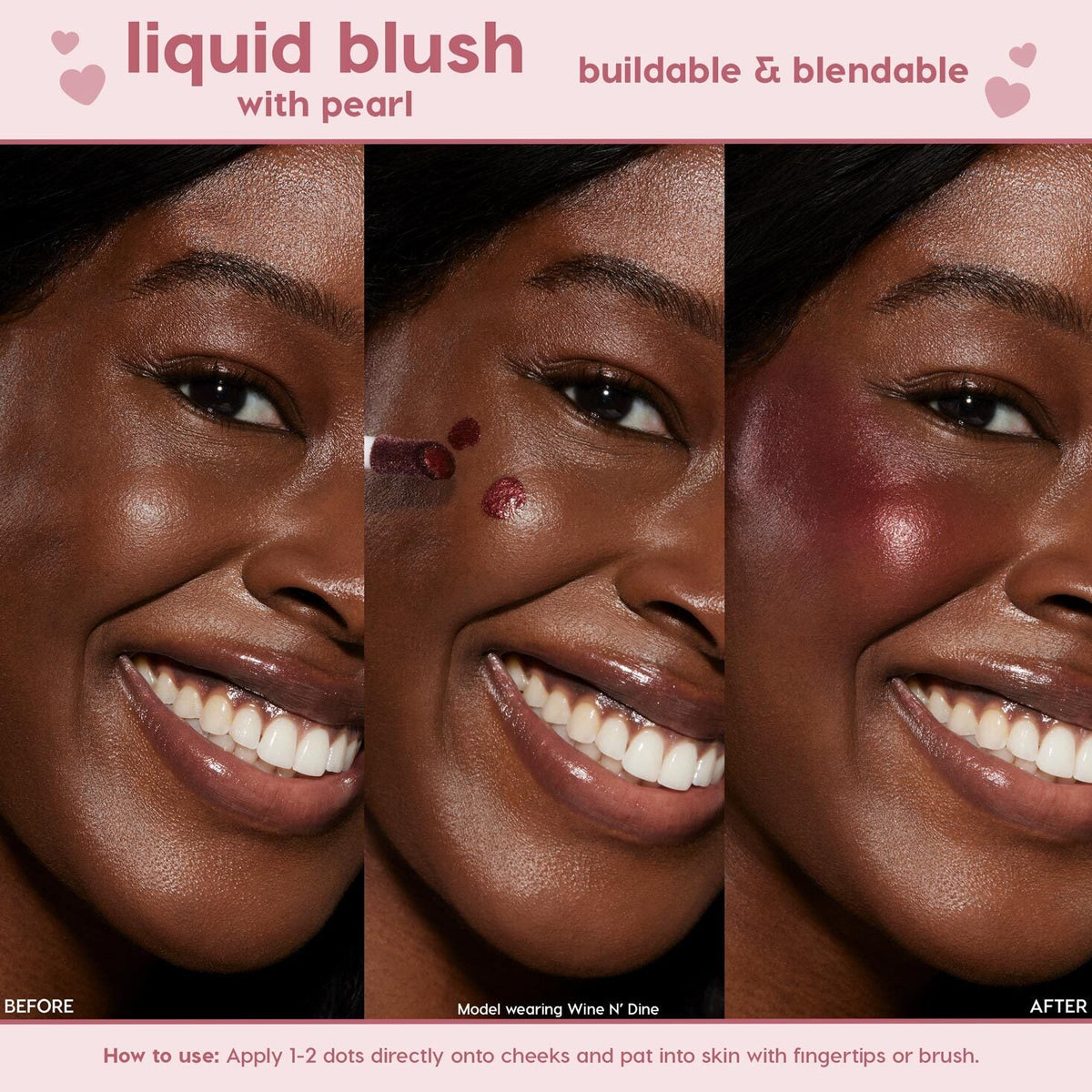 Wine n’ Dine ColourPop Liquid Blush dotted from a doe-foot wand and blended to a luminous berry‑pink glow, shown in a three-panel before–during–after cheek application, showcasing its buildable, pearly finish and fingertip blending.