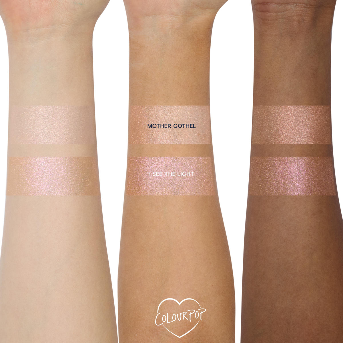 I See the Light, a ColourPop Liquid Highlighter, swatched as a luminous pink‑pearl shimmer on three skin tones, shown beneath the peachy champagne Mother Gothel shade on forearms to compare finish, glow, and sparkle.