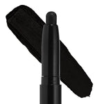Midnight Hour ColourPop Shadow Stix delivering intense black pigment, shown uncapped with a rounded tip beside a thick swipe swatch on a white background, a creamy eyeshadow stick for bold smoky‑eye looks.