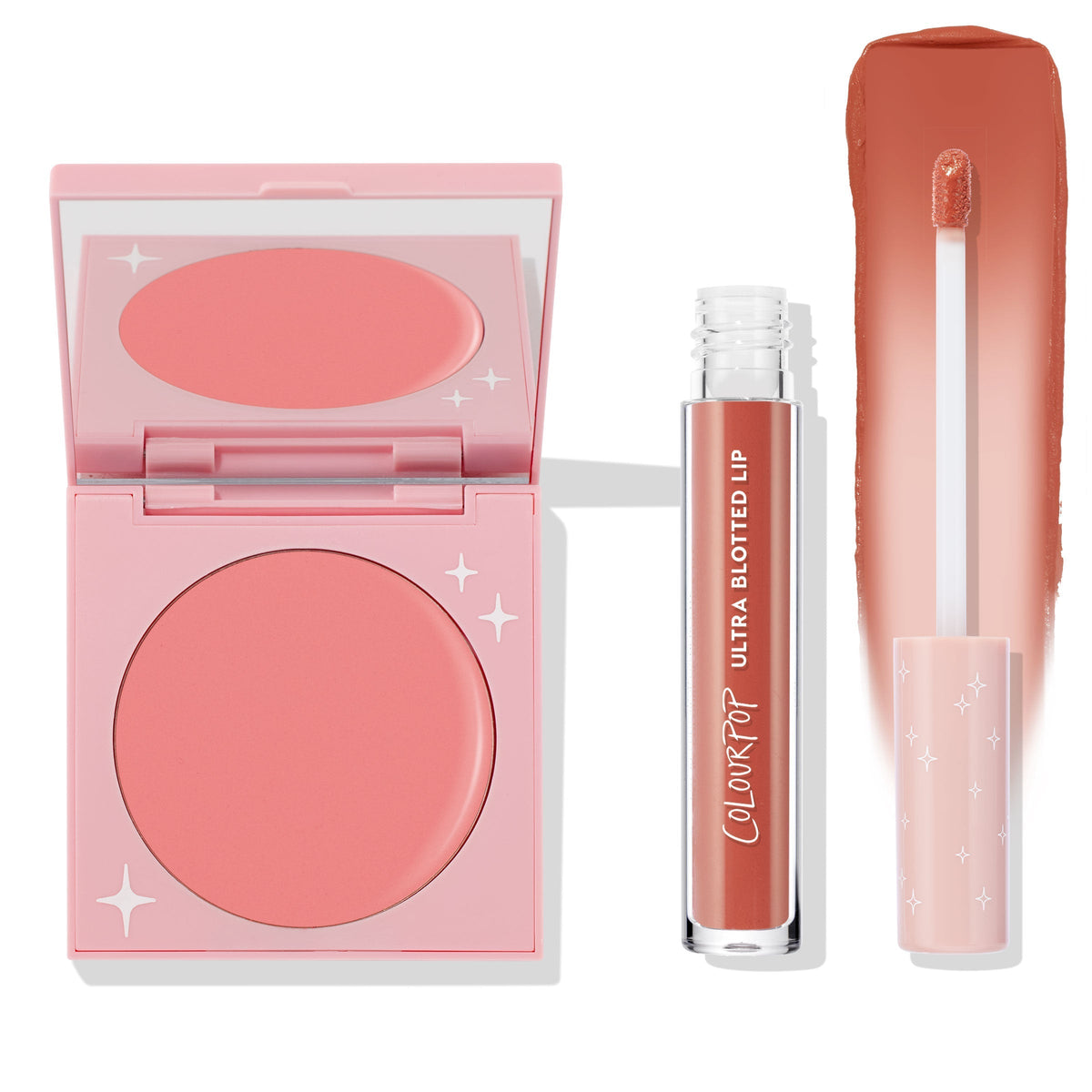 ColourPop Mood 24/7 Cheek & Lip Set shows a pink compact open to a peachy‑pink blush beside an Ultra Blotted Lip tube with doe‑foot wand and warm terracotta swatch on a white background with star accents, a versatile ColourPop Cheek & Lip Set for daily wear.