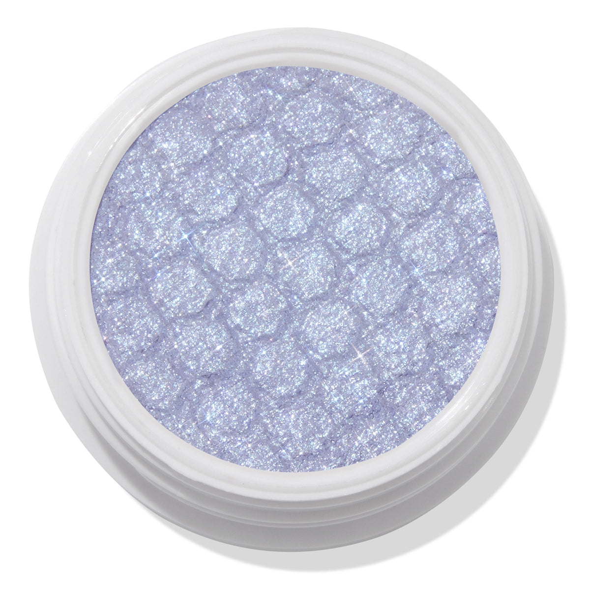 ColourPop Moon Daisy Super Shock Shadow shimmering in an open white pot; an icy lavender-lilac eyeshadow with silver microglitter and a dimpled, bouncy texture, shown close-up on a clean white background.