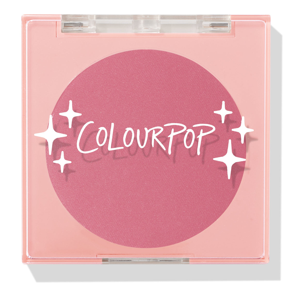 New to U ColourPop Pressed Powder Blush compact, closed - rosy mauve pink pan in a square light pink case with a clear lid printed with white sparkles and the ColourPop logo, studio product shot on white with a soft shadow.