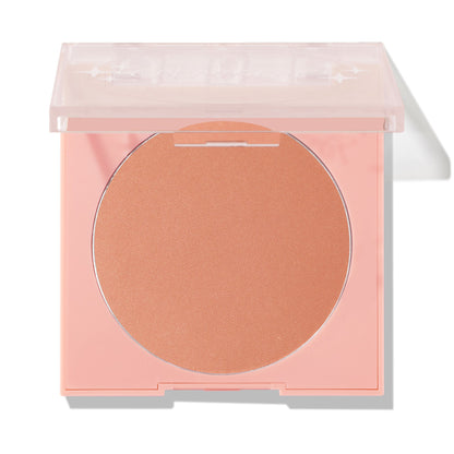 No Rules ColourPop Pressed Powder Blush displayed in a pale pink square compact with a translucent lid half open, revealing a large warm peach pan, photographed on a white background for product detail.