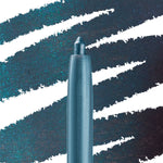 Outer Space ColourPop Crème Gel Liner tip twisting up, laying down a deep teal blue‑green shimmer, with bold swatch streaks behind on a dark sparkly backdrop to showcase the creamy gel liner shade.