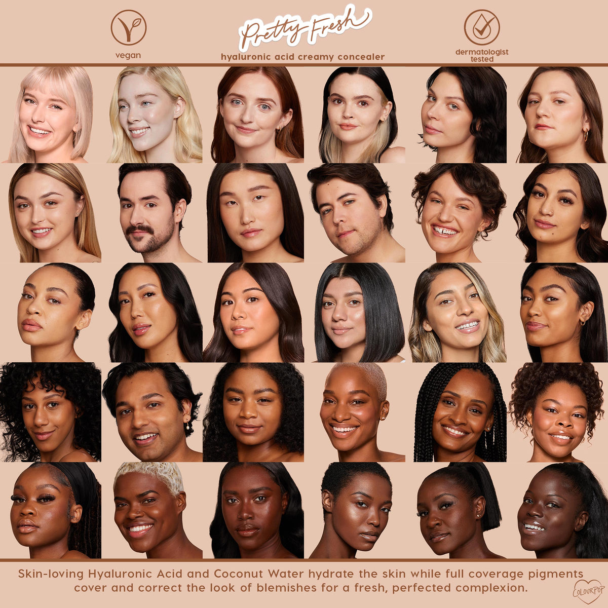 Fair 05 W ColourPop Pretty Fresh Creamy Concealer showcasing natural, skin-like coverage in a diverse model grid, with hyaluronic acid, vegan, and dermatologist-tested callouts on a beige backdrop.