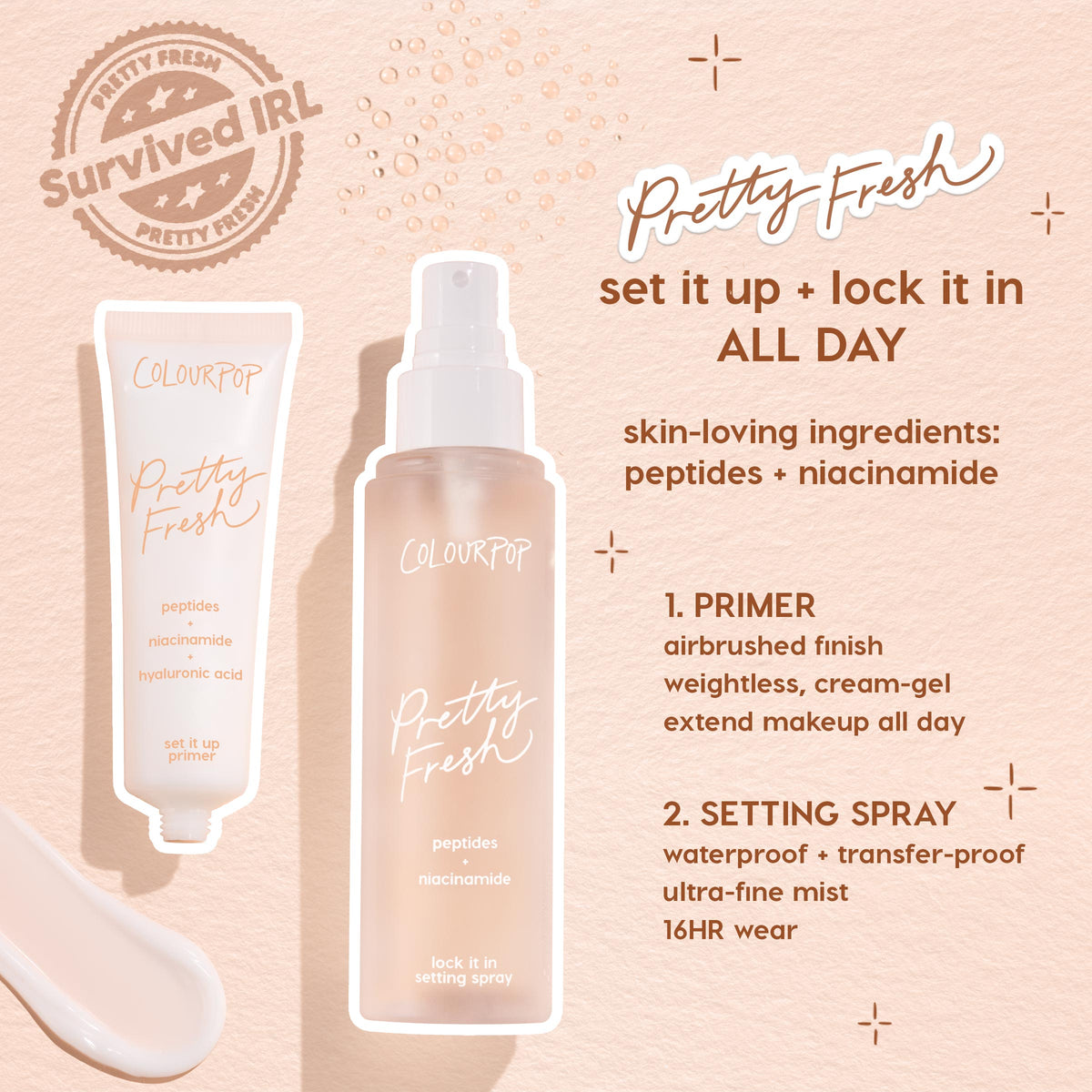 ColourPop Face Set Hydrating Prime + Set - Pretty Fresh set it up primer and lock it in setting spray - standing side by side on a peach backdrop with a cream swipe, highlighting peptides, niacinamide, and hyaluronic acid for all‑day makeup wear.