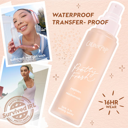 ColourPop Pretty Fresh setting spray angled with pump ready to spritz, featuring peptides and niacinamide, shown alongside active lifestyle shots to emphasize waterproof, transfer-proof, 16‑hour wear; part of Hydrating Prime + Set ColourPop Face Set.