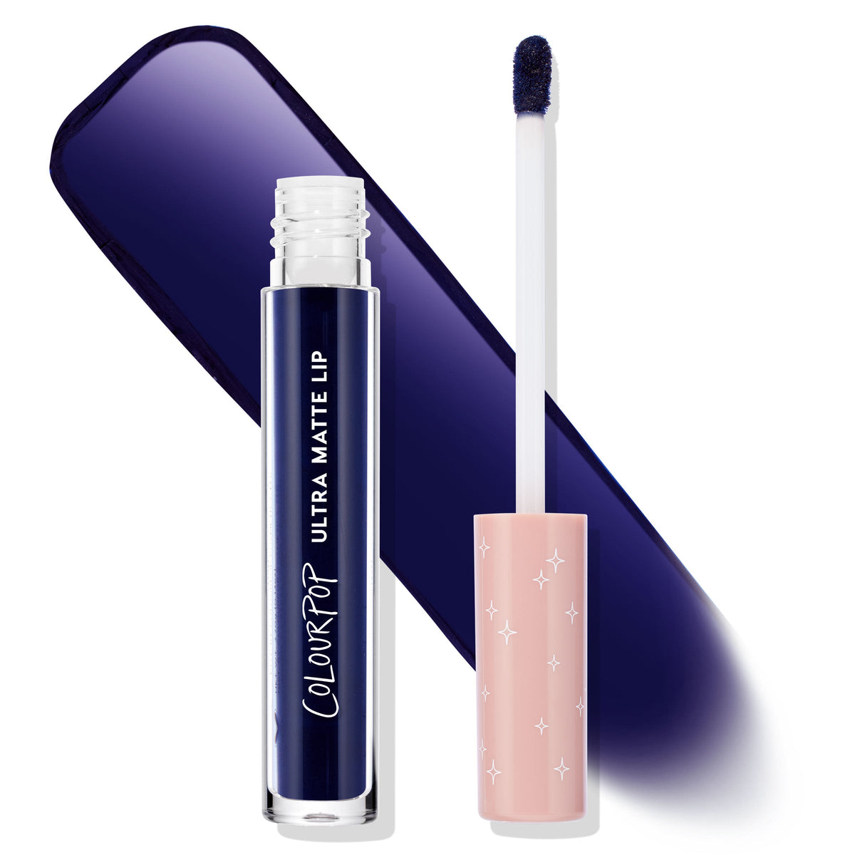 ColourPop Ultra Matte Lip Panther displays the clear tube and uncapped doe-foot wand against a bold deep navy swatch, showcasing the ultra-matte liquid lipstick with a pink star-print cap and clear branding on a white background.