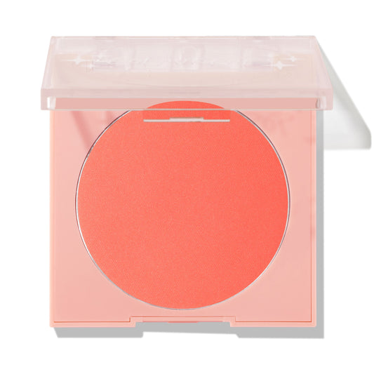 ColourPop Pressed Powder Blush in Papaya displayed in a square pink compact with a clear half-closed lid, showcasing a large round pan of vibrant coral-peach blush against a clean white background.