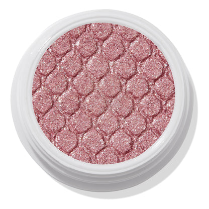 ColourPop Party of Five Super Shock Shadow glistens in a round white pot, a shimmering rose-pink single eyeshadow with fine silver sparkle and a quilted pressed texture, shown in a close-up top view.