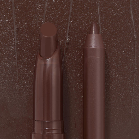 ColourPop Lippie Stix + Pencil Set Lip Service showcasing a creamy Lippie Stix and matching precision lip pencil in deep brown, standing side by side against a glossy brown swatch backdrop that highlights the pigment and finish.