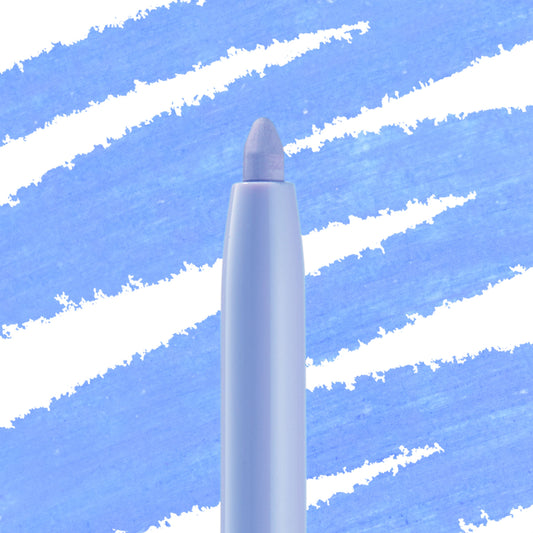 Prance Crème Gel Liner tip extends from a slim twist-up pencil, laying a pastel periwinkle swipe over diagonal blue swatches; ColourPop Crème Gel Liner delivers smooth, creamy pigment for precise waterline or winged looks.