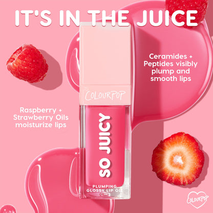 ColourPop So Juicy Plumping Glossy Lip Oil in So Sassy, a vibrant pink, stands in a clear rectangular tube with a pale pink cap amid glossy pink drops, styled with raspberry and strawberry to cue fruit oils plus ceramides and peptides for plumped, smooth lips.