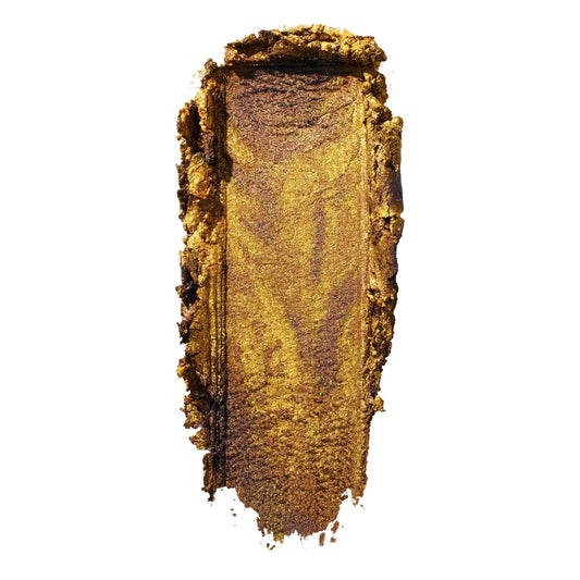 Metallic gold eyeshadow swatch with an olive-bronze shift, smeared in a thick swipe on a white background; ColourPop Super Shock Shadow We Won't Bite shows creamy, high-shine shimmer and sparkly payoff.