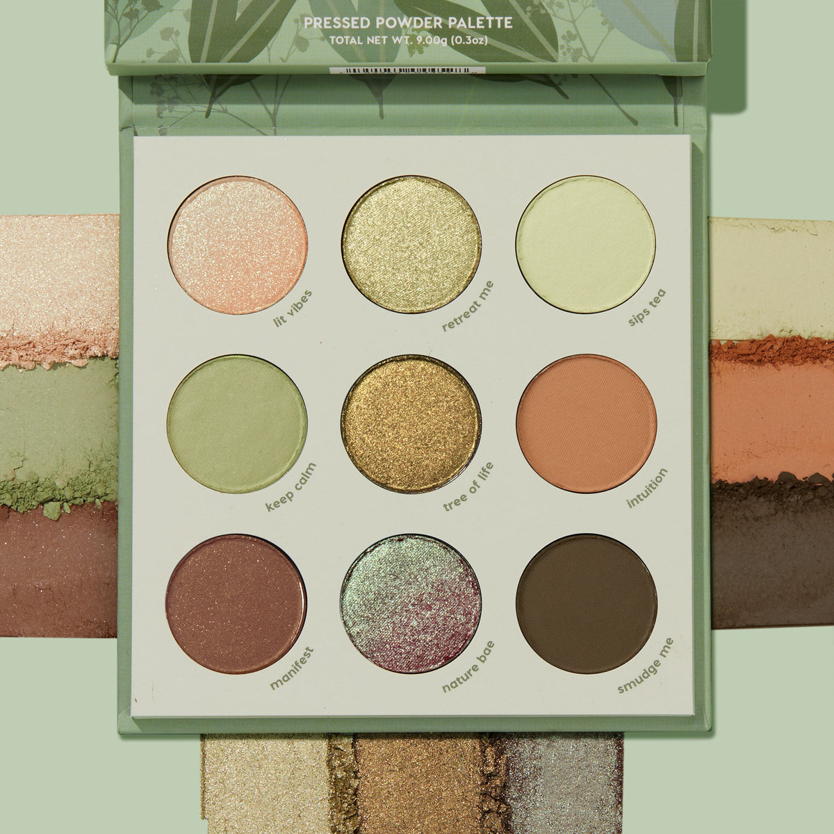 ColourPop Shadow Palette Sage The Day opens to nine pans - sage greens, olive golds, peach, mauve, and deep brown in matte, shimmer, and duochrome - shade names ring each pan, with matching swatches on a mint background showing payoff.