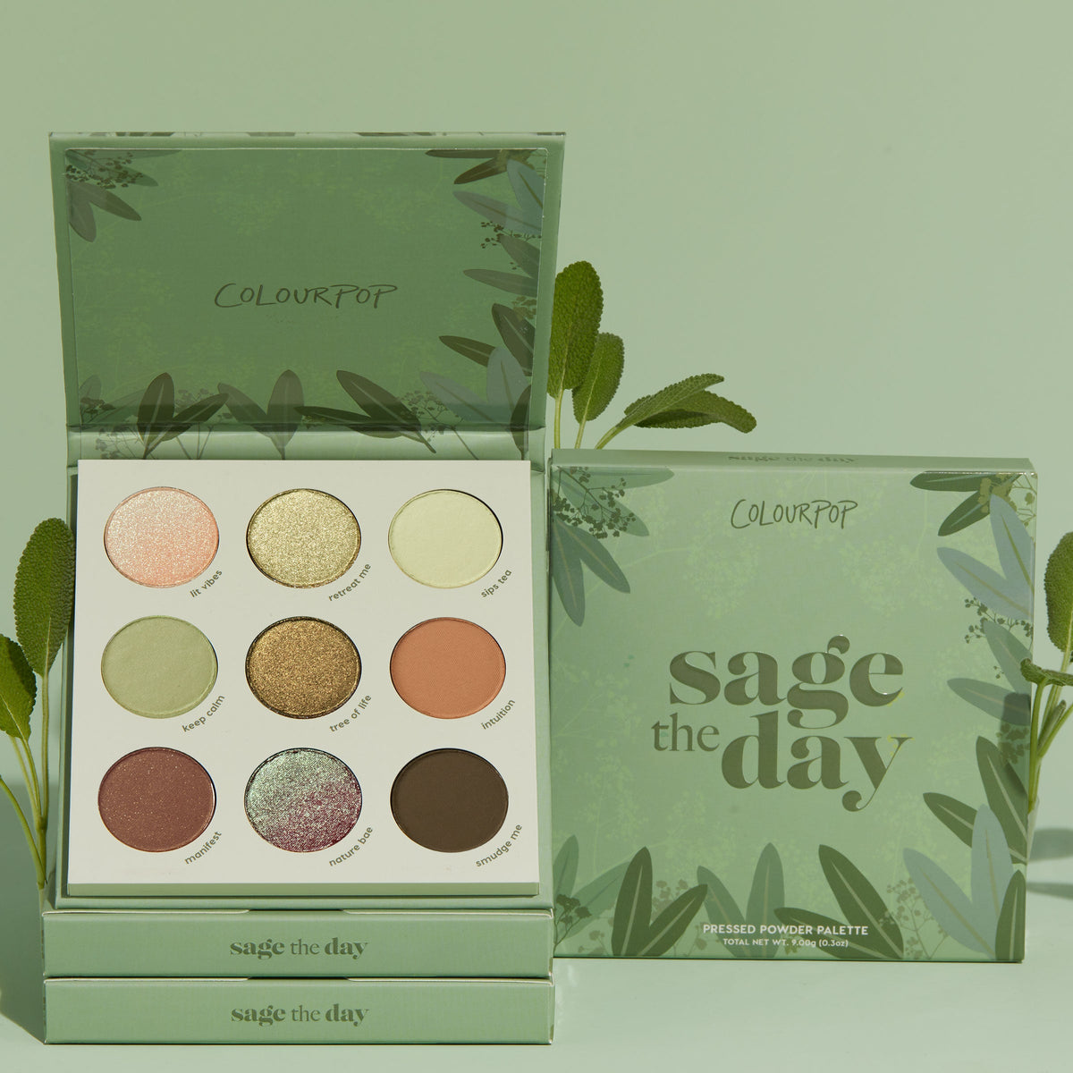 ColourPop Shadow Palette Sage The Day displays a 9-pan pressed powder grid of sage greens, gold, peach, and deep brown in shimmer and matte, set beside its leafy green box atop stacked palettes on a sage-toned background.