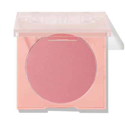 ColourPop Pressed Powder Blush Sassy Pants displaying a soft rose‑pink round pan as the clear lid sits half‑open in a peach compact, set against a clean white studio background.