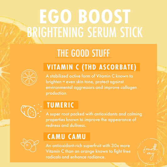 ColourPop Serum Stick Ego Boost presented on an orange, citrus-style infographic highlighting Vitamin C (THD ascorbate), turmeric, and camu camu; benefits include brightening, evening tone, environmental defense, collagen support, and boosted radiance.
