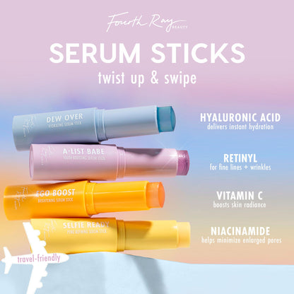 Ego Boost brightening serum stick twists up from a vivid orange tube by Fourth Ray Beauty, displayed with three companion sticks and ingredient callouts (vitamin C, hyaluronic acid, retinyl, niacinamide) on a pastel backdrop; travel-friendly ColourPop Serum Stick.