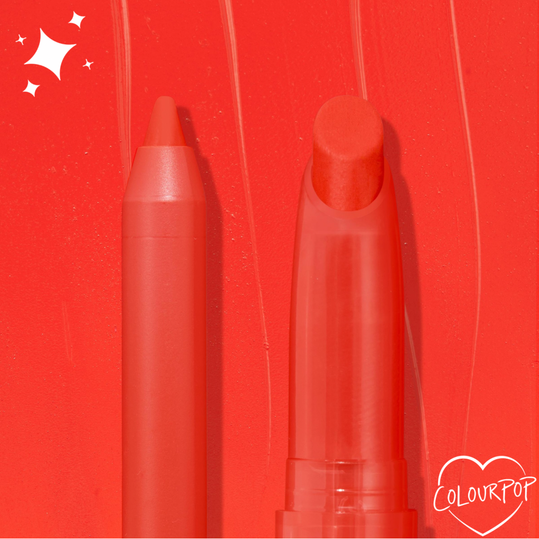 ColourPop Lippie Pencil in Chi Chi stands upright with a sharpened tip beside a matching lippie stick on a vivid orange-red swatched background with sparkles and a ColourPop heart logo, showcasing the bold coral-red shade.