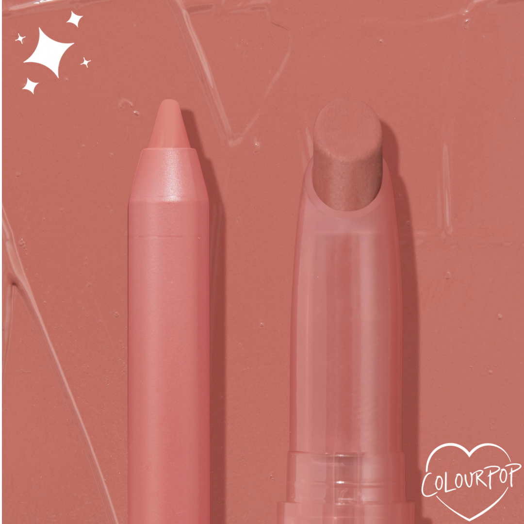 ColourPop Lippie Pencil Oh Snap stands upright with its sharpened tip exposed, paired with a matching lip crayon on a rosy nude creamy swatch background with sparkle accents and a heart ColourPop logo.