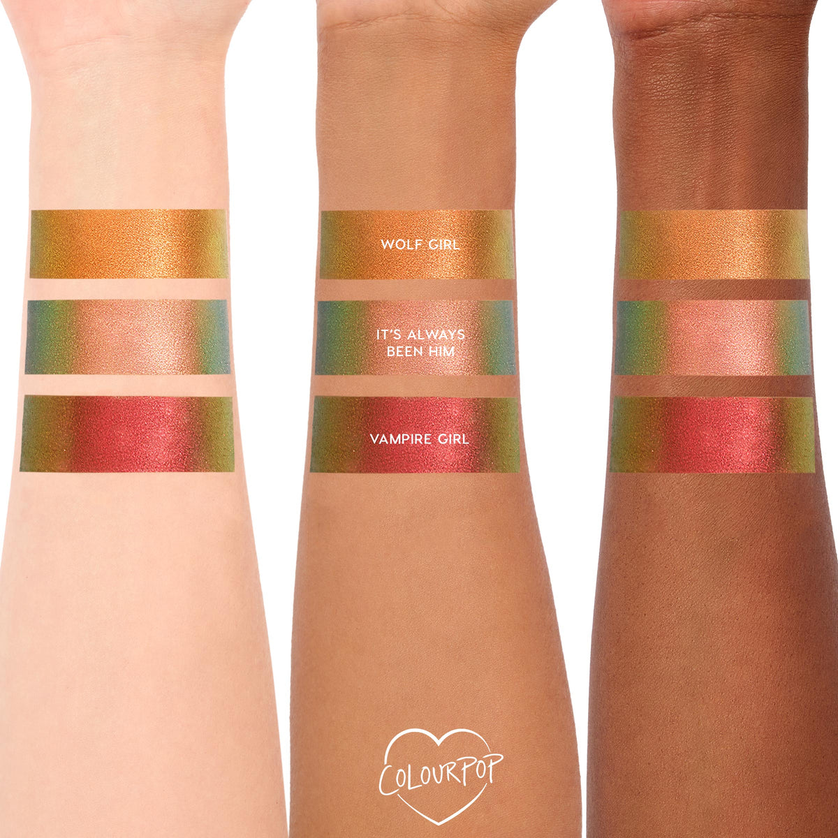 ColourPop Shadow Stix in Wolf Girl swatched on three arms (light, medium, deep); top stripe shifts green to gold-orange. Lower stripes show It’s Always Been Him (peachy pink with teal shift) and Vampire Girl (red with green shift) for comparison.