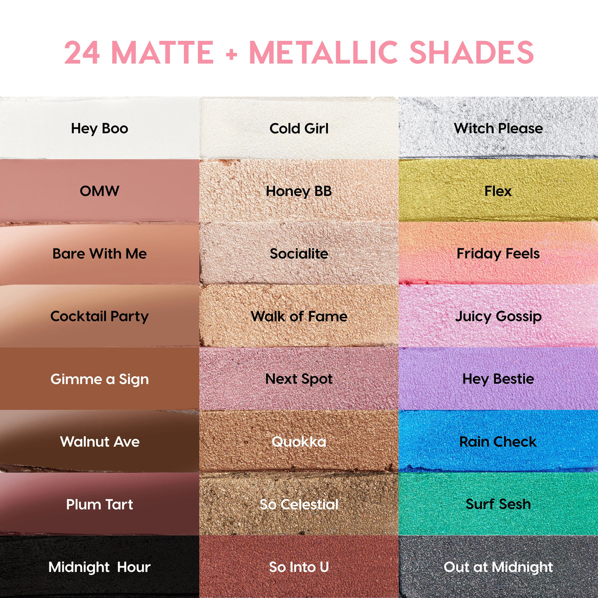 ColourPop Shadow Stix Cool Metallics swatches show 24 matte and metallic eyeshadow shades in a labeled grid - icy silver, champagne, rose gold, lilac, teal, cobalt, taupe, and black - highlighting creamy, high-shine payoff for the Shadow Stix bundle.