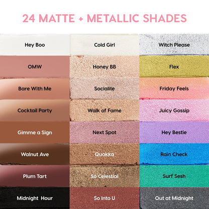 ColourPop Shadow Stix Cool Metallics swatches show 24 matte and metallic eyeshadow shades in a labeled grid - icy silver, champagne, rose gold, lilac, teal, cobalt, taupe, and black - highlighting creamy, high-shine payoff for the Shadow Stix bundle.