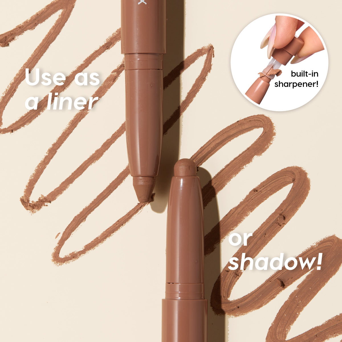 Two ColourPop Shadow Stix in Ghouls Night Out draw smooth cocoa-brown lines on a beige surface, with an inset hand showing the built-in sharpener - wearable as eyeliner or eyeshadow.