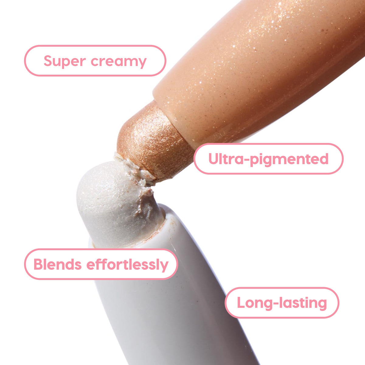 ColourPop Shadow Stix Metallic Neutrals - two shimmery cream eyeshadow sticks, champagne gold and icy pearl, pressing tip-to-tip to show super-creamy, ultra-pigmented color that blends effortlessly and lasts on a clean white background.